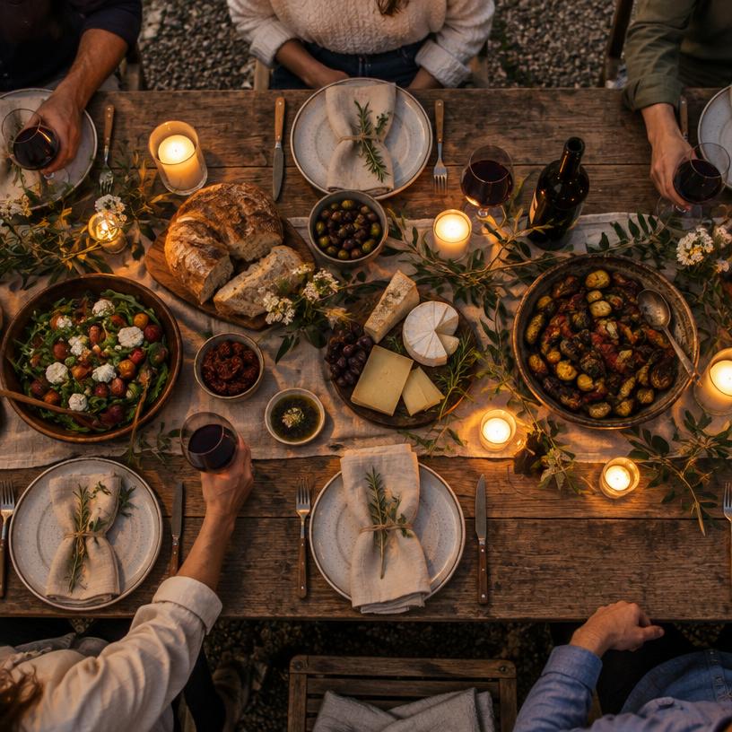Mesa larga con velas para una cena